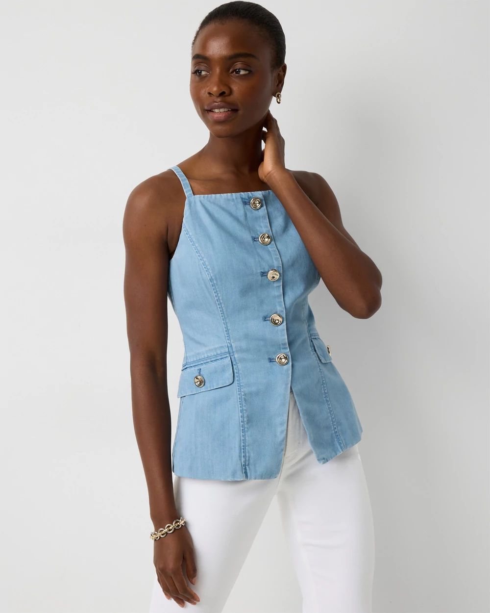 Featherweight Denim Longline Vest | White House Black Market